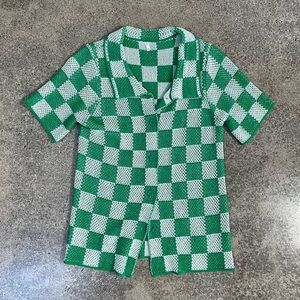 Green and White Checkered Short Sleeve Shirt